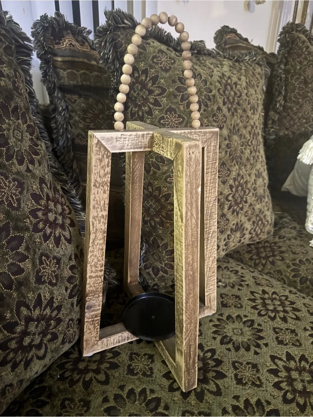 Wooden Beaded Lantern Holder - Distressed Light Brown & Natural Beads